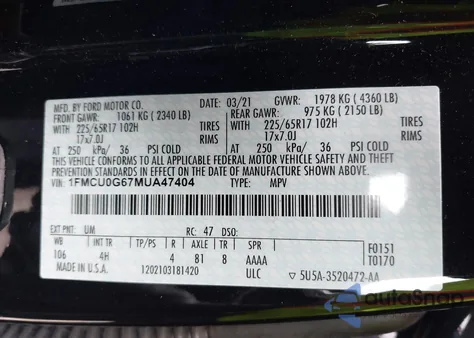 2021 Ford Escape Se z USA, uszkodzony, nr VIN 1FMCU0G67MUA47404